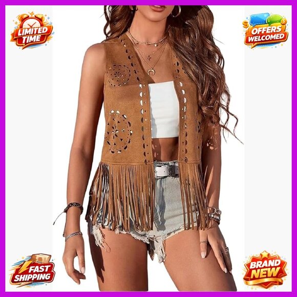 Jackets & Blazers - Fringe Vest Sleeveless Tassel Jacket Boho Western Cowgirl Costume Top
